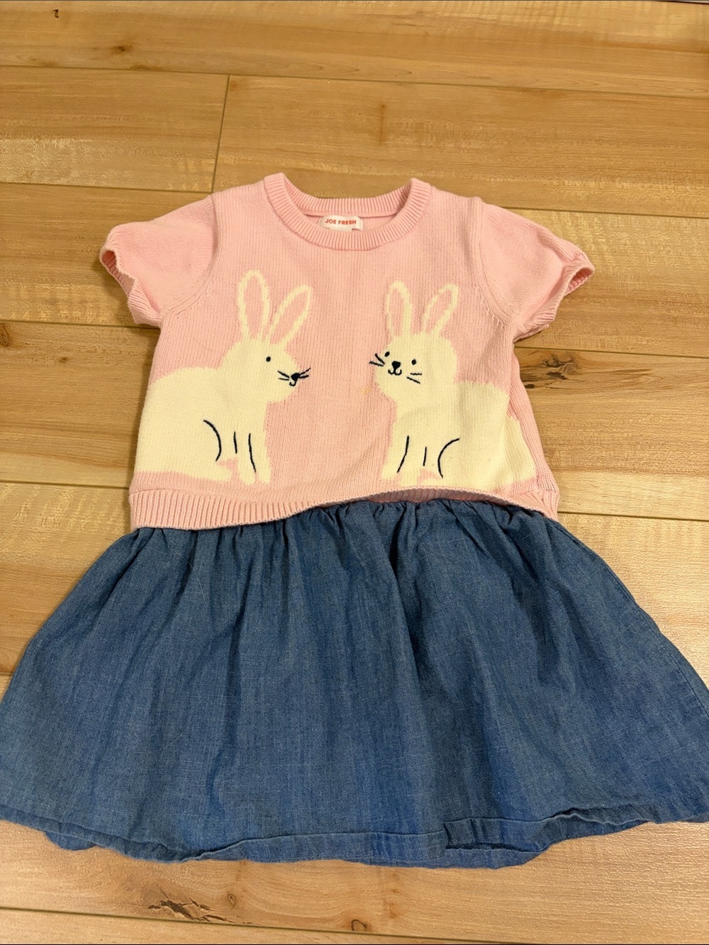 Pink Bunny Knit Top with denim Skirt Dress